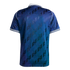 Back view of a navy blue short-sleeved jersey with a shiny geometric pattern and trefoil logos. Features a white collar and striped white trim on the sleeve cuffs.
