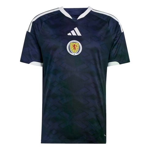 Dark blue Adidas Scotland national football team home jersey with a subtle geometric pattern, white trim, and a central team crest.