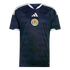 Dark blue Adidas Scotland national football team home jersey with a subtle geometric pattern, white trim, and a central team crest.
