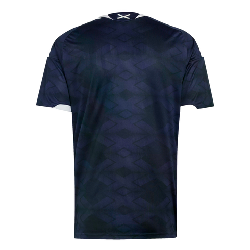 Back view of a navy blue sports jersey with a subtle, repeating geometric cross pattern and a small white X emblem on the back collar.