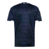 Back view of a navy blue sports jersey with a subtle, repeating geometric cross pattern and a small white X emblem on the back collar.