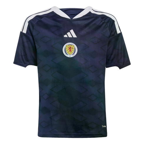 Dark blue Adidas Scotland football jersey with white shoulder stripes and a subtle geometric pattern across the front.