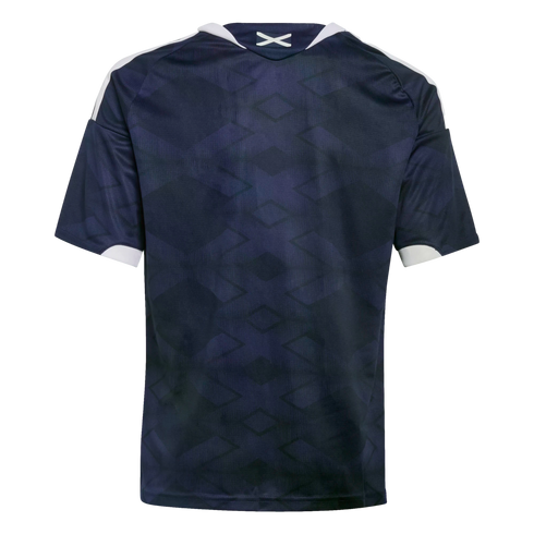 Back view of a navy blue short-sleeve jersey featuring a subtle tonal diamond pattern, white trim on the neck and sleeves, and a small white 'X' logo on the back collar.