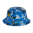 A blue bucket hat with a black and white paint splatter pattern and a small yellow citrus slice patch on the side.