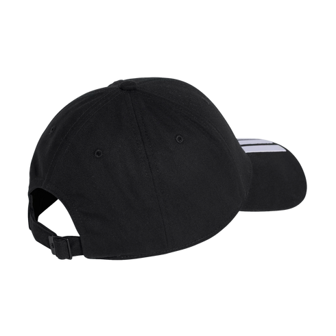 Rear side view of a black baseball cap with three white stripes on the brim and an adjustable back strap.