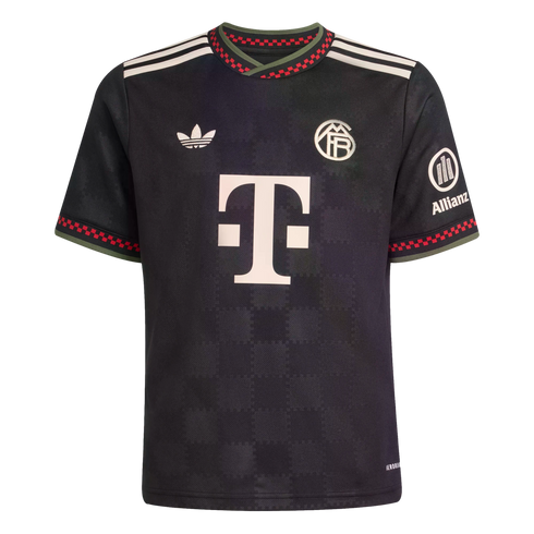 Black soccer jersey with a white T-logo, trefoil Adidas mark, and circular crest. Features red and green checkered trim on the collar and cuffs.
