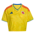 A yellow Colombia national team crop-top soccer jersey featuring a subtle tonal pattern and red-and-blue accents.