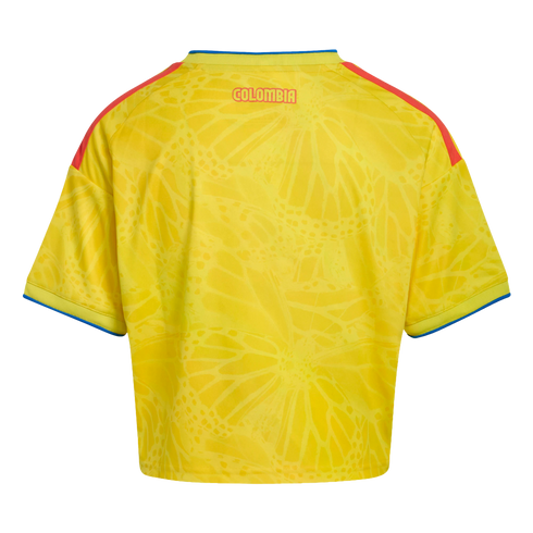 Back view of a yellow Colombia soccer jersey with a butterfly wing pattern, red shoulder stripes, blue sleeve trim, and "COLOMBIA" printed on the upper back.