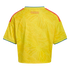 Back view of a yellow Colombia soccer jersey with a butterfly wing pattern, red shoulder stripes, blue sleeve trim, and "COLOMBIA" printed on the upper back.