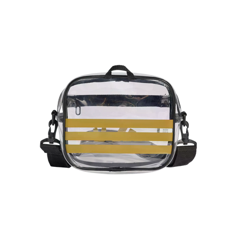 Clear crossbody bag with three yellow horizontal stripes, black trim, and a black adjustable shoulder strap.