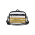 Clear crossbody bag with three yellow horizontal stripes, black trim, and a black adjustable shoulder strap.