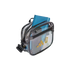 Transparent Adidas crossbody bag holding a blue notebook and smartphone, featuring gold logos. Isolated on a black background.