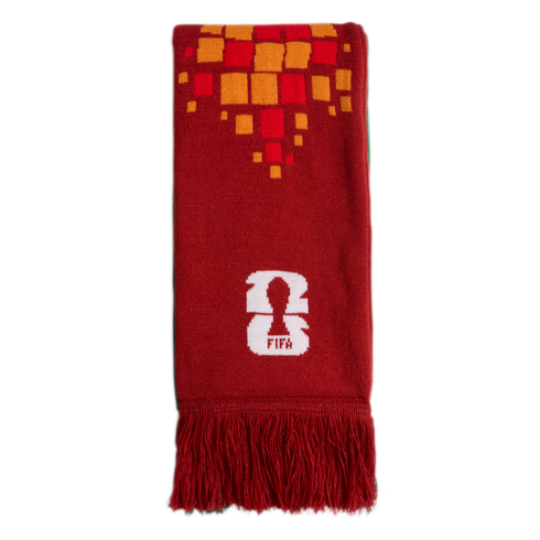 A red scarf featuring an orange and yellow square pattern, a white FIFA 26 logo, and red fringe at the bottom.
