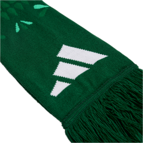 A green knitted Adidas scarf with a white logo and fringed edges.