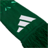 A green knitted Adidas scarf with a white logo and fringed edges.