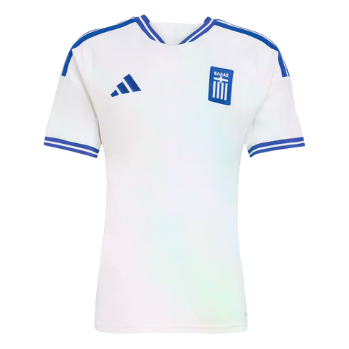 White Adidas Greece national football team jersey with blue details: a Greek crest, Adidas logo, and striped collar and sleeve cuffs.