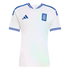 White Adidas Greece national football team jersey with blue details: a Greek crest, Adidas logo, and striped collar and sleeve cuffs.