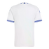 The back of a white short-sleeved sports jersey with blue and white striped trim on the cuffs and collar, featuring a small blue logo at the nape of the neck.