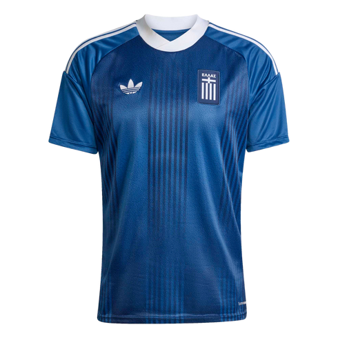 Blue Adidas Greece national soccer jersey with a white collar, trefoil logo, and crest. Features subtle vertical tonal stripes and white shoulder stripes.
