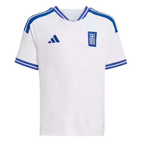 White Greece national team soccer jersey by Adidas with blue accents on the collar, sleeves, and shoulders, featuring the team crest on the chest.