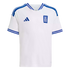 White Greece national team soccer jersey by Adidas with blue accents on the collar, sleeves, and shoulders, featuring the team crest on the chest.