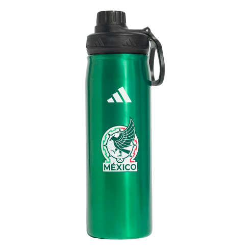 A metallic green Adidas water bottle with a black lid, featuring the white Adidas logo and the Mexico national football team crest.