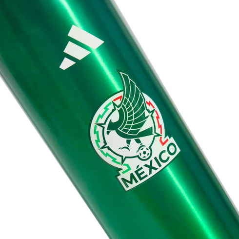 Close-up of a green metallic bottle showing the white Adidas logo and Mexico national football team crest.