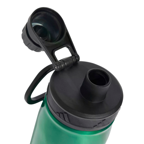 Close-up of a green water bottle with an open black lid and drinking spout. Includes a black carrying loop, set against a solid black background.