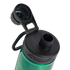Close-up of a green water bottle with an open black lid and drinking spout. Includes a black carrying loop, set against a solid black background.