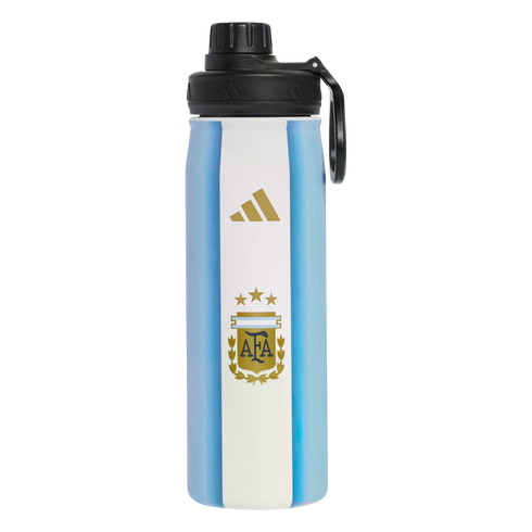 Adidas water bottle featuring Argentina national team's light blue and white stripes, gold Adidas logo, and AFA crest with three stars.