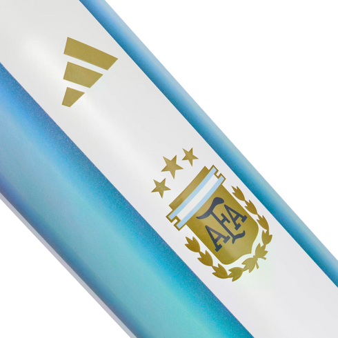 A blue and white striped surface featuring a gold Adidas logo and the Argentine Football Association (AFA) crest with three gold stars.