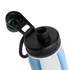 Close-up of a blue and white water bottle with its black flip-top lid open, revealing the drinking spout.