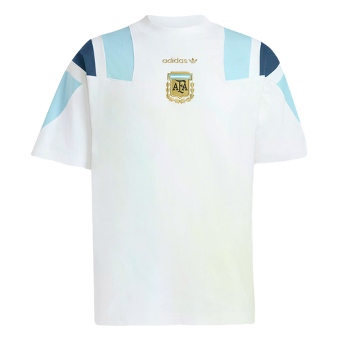 White Adidas t-shirt featuring the Argentina football crest and gold logo, with light blue and navy blue geometric panels on the shoulders and sleeves.