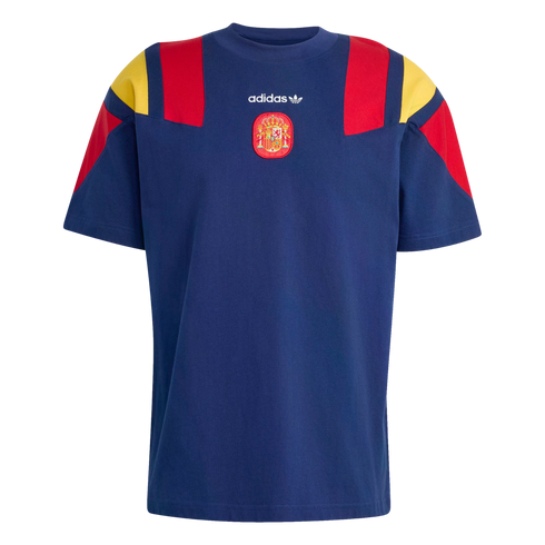 Navy blue Adidas Spain t-shirt with red and yellow color-blocked shoulders. It features a centered white Adidas logo and the Spanish national team crest.