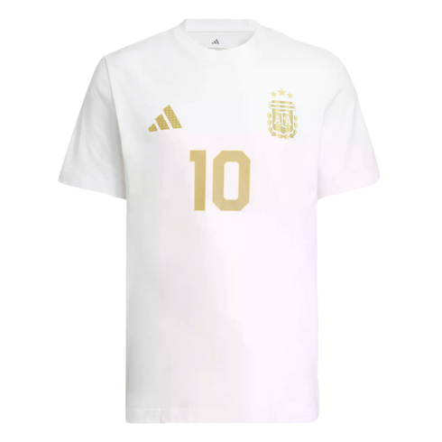 White short-sleeved t-shirt featuring a gold Adidas logo, the Argentina national team crest with three stars, and the number 10, all in gold.