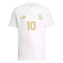 White short-sleeved t-shirt featuring a gold Adidas logo, the Argentina national team crest with three stars, and the number 10, all in gold.