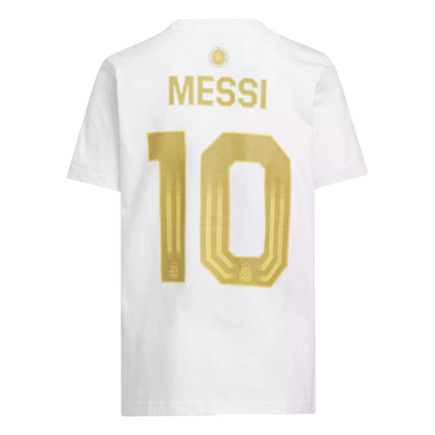 Back of a white t-shirt featuring the name 'MESSI' and the number '10' in large gold print.