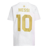 Back of a white t-shirt featuring the name 'MESSI' and the number '10' in large gold print.