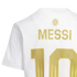 Back of a white jersey showing "MESSI" and the number "10" in gold lettering, with a gold sun emblem above the name.