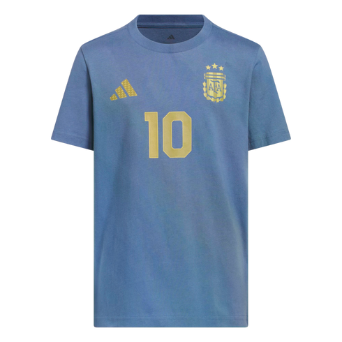 A blue youth Adidas t-shirt featuring a gold Argentina national football team crest, gold Adidas logo, and the number 10 centered in gold.