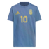 A blue youth Adidas t-shirt featuring a gold Argentina national football team crest, gold Adidas logo, and the number 10 centered in gold.