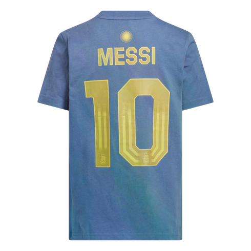Back of a blue t-shirt featuring the name "MESSI" and number "10" in large gold print below a small gold sun icon.