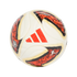 An Adidas Torfabrik Pro soccer ball with a white surface featuring intricate black, gold, and red marbled patterns, the red Adidas logo, and the Bundesliga logo.