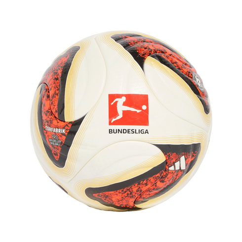 Adidas Torfabrik official Bundesliga match soccer ball. White with black and orange textured patterns, gold accents, and the red Bundesliga logo in the center.