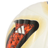 Close-up of a white Adidas soccer ball featuring a black and orange textured graphic and the iconic three-bar logo.