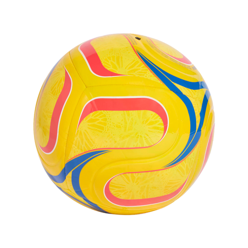 Bright yellow soccer ball with bold red and blue wavy patterns and subtle textured graphics.