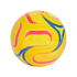 Bright yellow soccer ball with bold red and blue wavy patterns and subtle textured graphics.