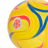 A yellow soccer ball with blue and red wavy designs, featuring the logo of the Federación Colombiana de Fútbol.