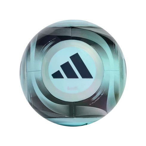 A light blue and black Adidas soccer ball featuring the brand's three-stripe logo and Messi-themed graphics.