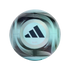 A light blue and black Adidas soccer ball featuring the brand's three-stripe logo and Messi-themed graphics.